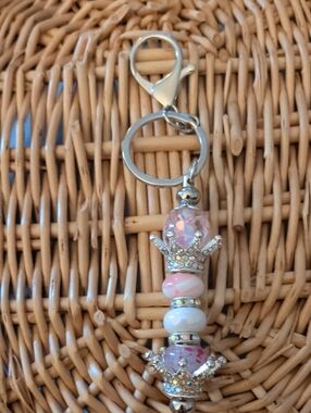 Pink Beaded Crown Keychain & Card Holder Accessory